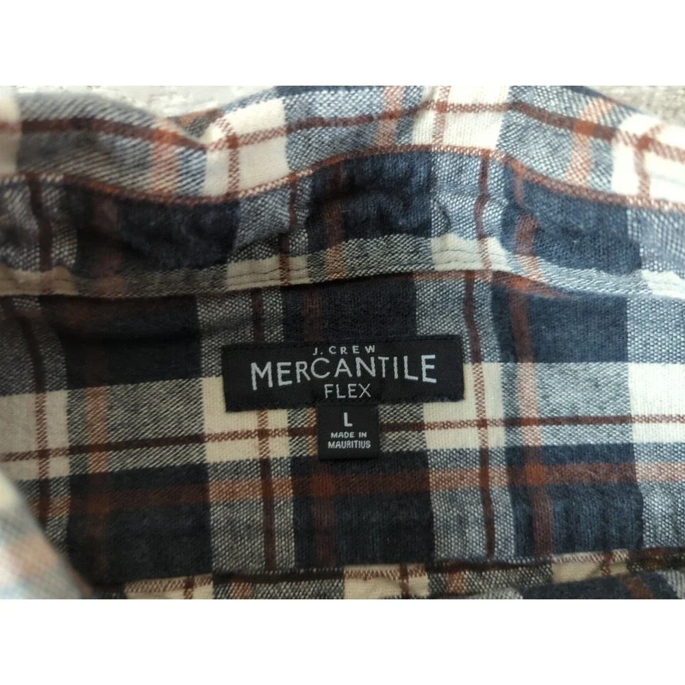 J Crew Elbow Patch Flannel Shirt Men’s Large White Brown Blue Plaid Flex